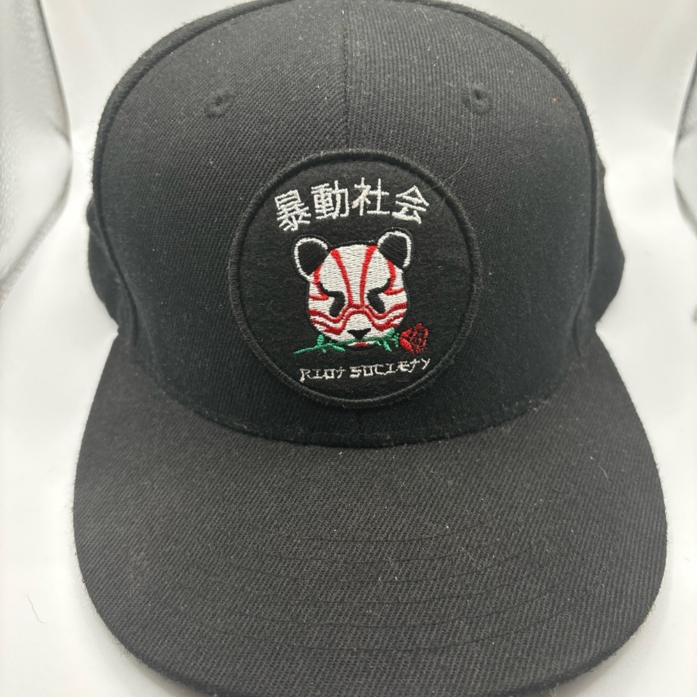 Riot Society Black Hat with Red Panda and Rose Embroidery